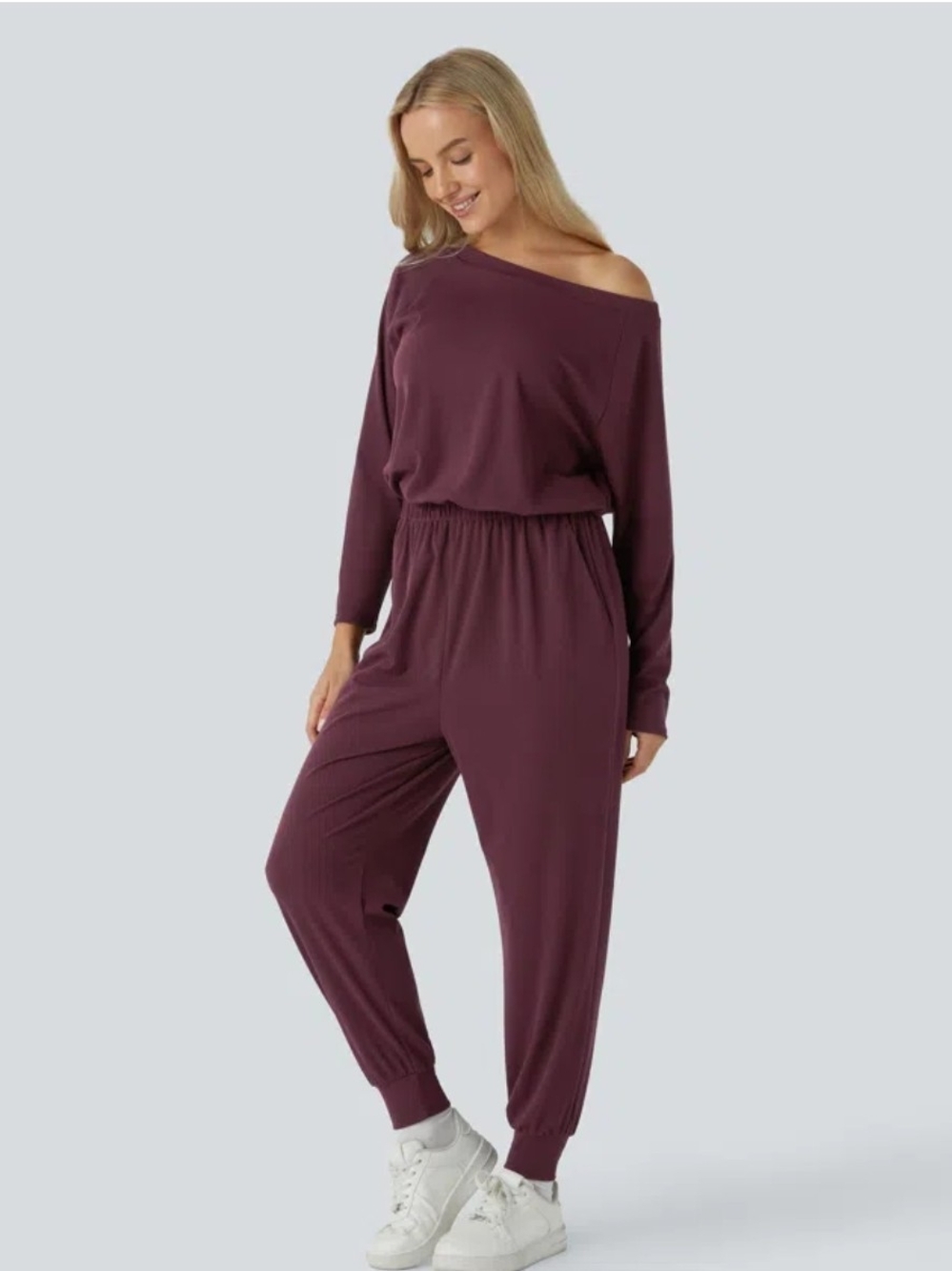 Nwt HALARA Off-Shoulder Jumpsuit in Plum Sz L